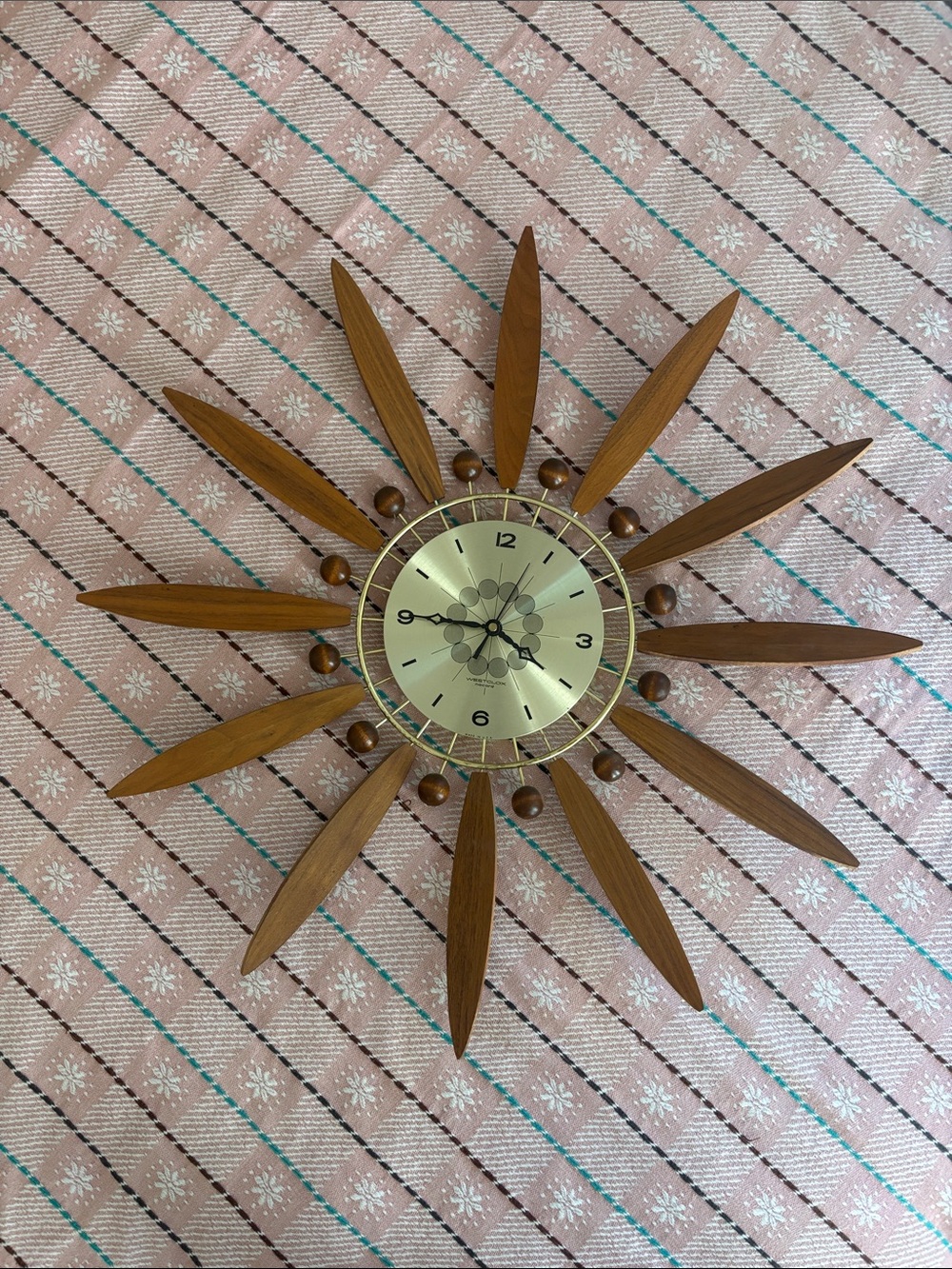 Mid-Century 1967 Wood Sunburst Wall Clock - Brown&gold.